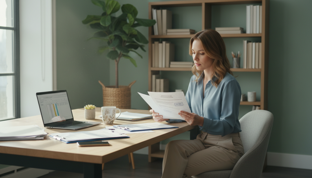 An HR professional reviewing certified translation documents at a desk.
