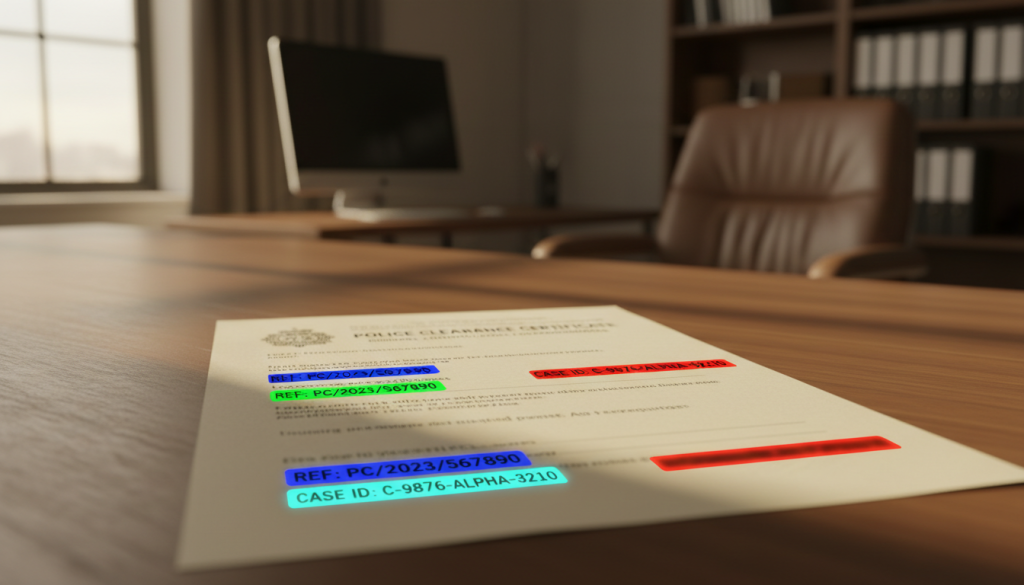 An image of a police certificate document with highlighted reference numbers and codes in a professional setting.
