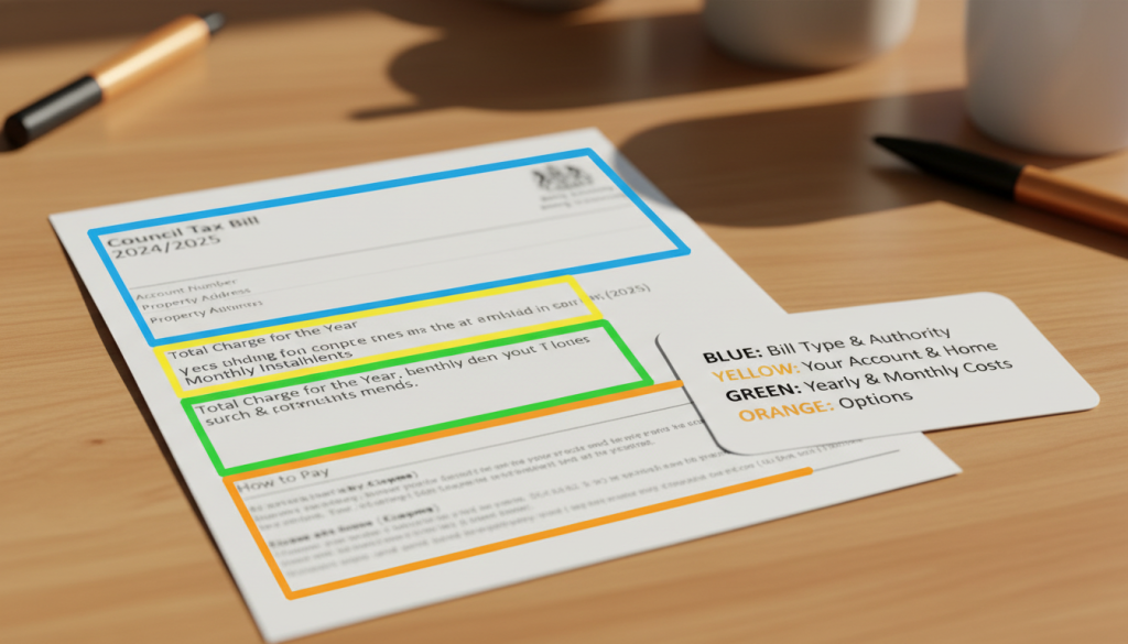 An open council tax bill with highlighted sections and translated text beside it.