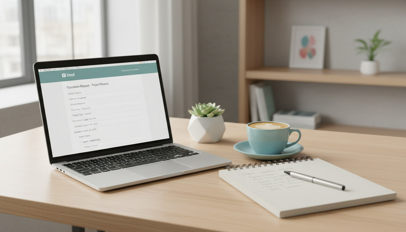 An open laptop displaying an email template for translation requests, with a notepad and pen beside it.