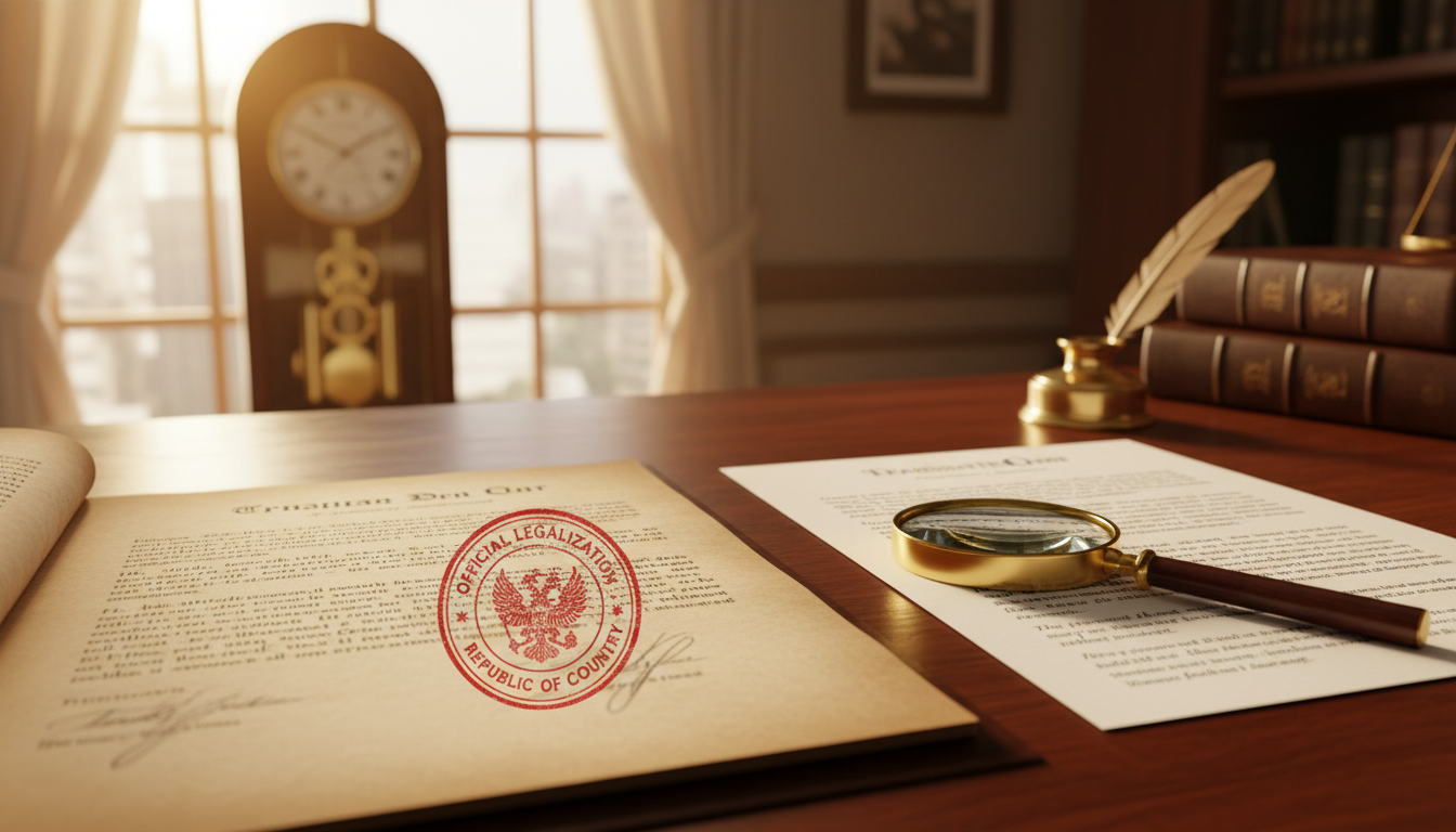 An open legal document with a translation and a stamp, surrounded by a clock showing urgency.