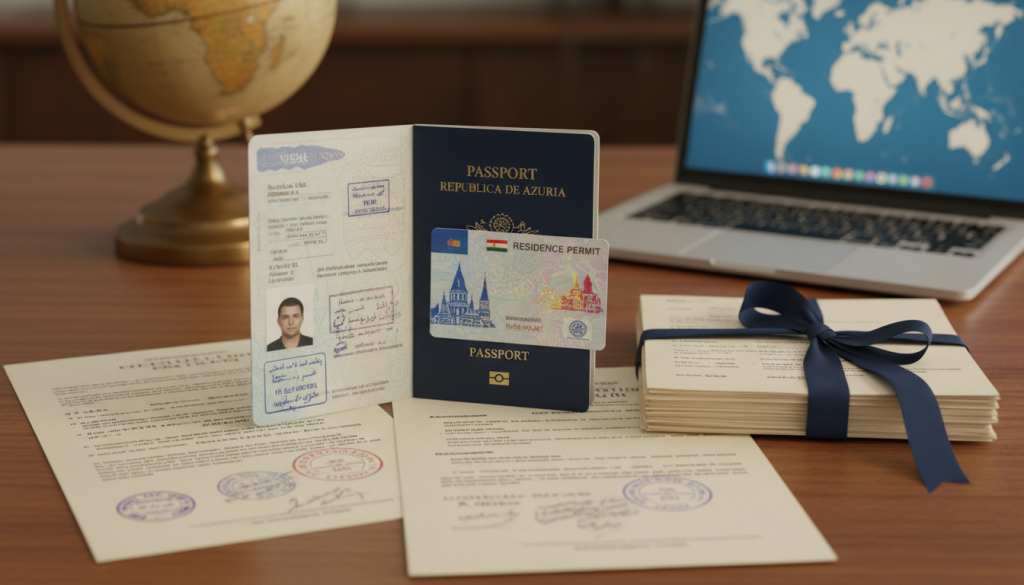 An open passport with a residence permit and translation documents on a desk.