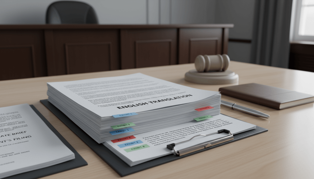 Bilingual court document pack prepared for HMCTS filing with source pages, English translation and numbered exhibits