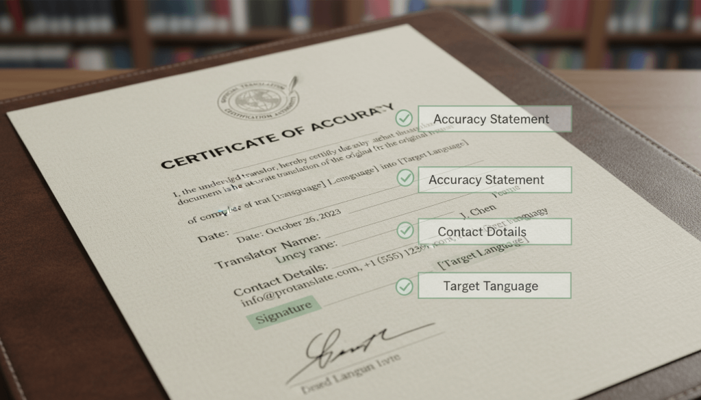 Certified translation checklist showing the certificate details authorities usually expect