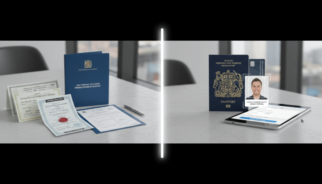 Comparison between a first passport application needing translated documents and a simple passport renewal that may not