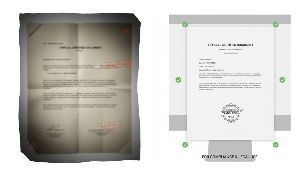 Comparison between a poor document photo and a clear original scan for certified translation use