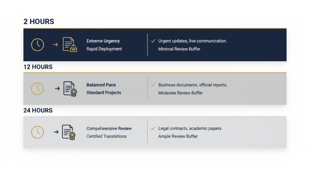Comparison graphic showing 2 hour, 12 hour, and 24 hour urgent translation options