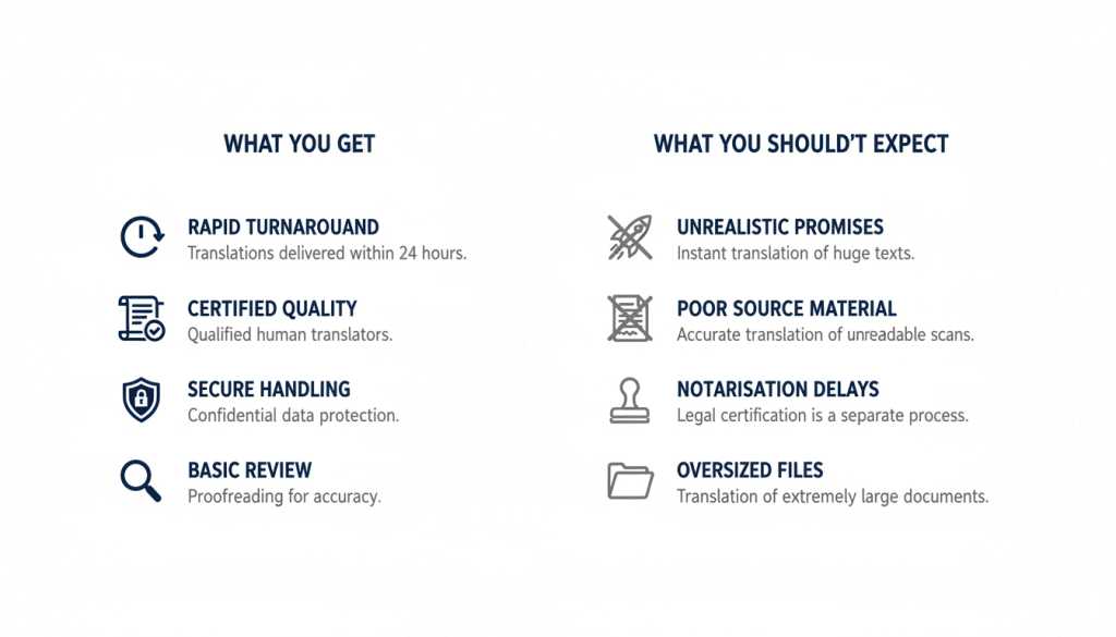 Comparison graphic showing what a 24 hour translation service includes and what it does not promise