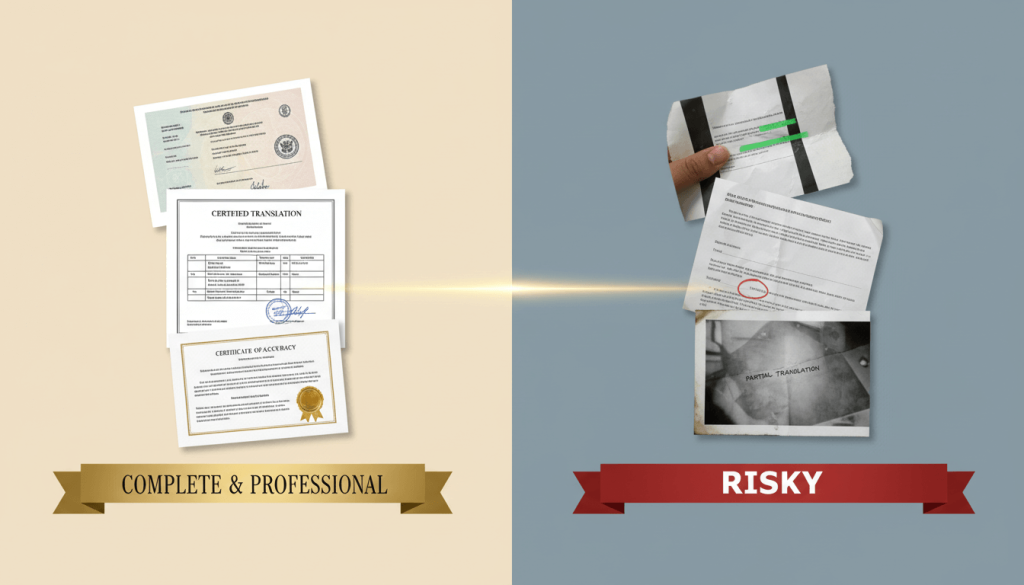 Comparison of a UKVI ready certified translation pack versus a risky incomplete submission