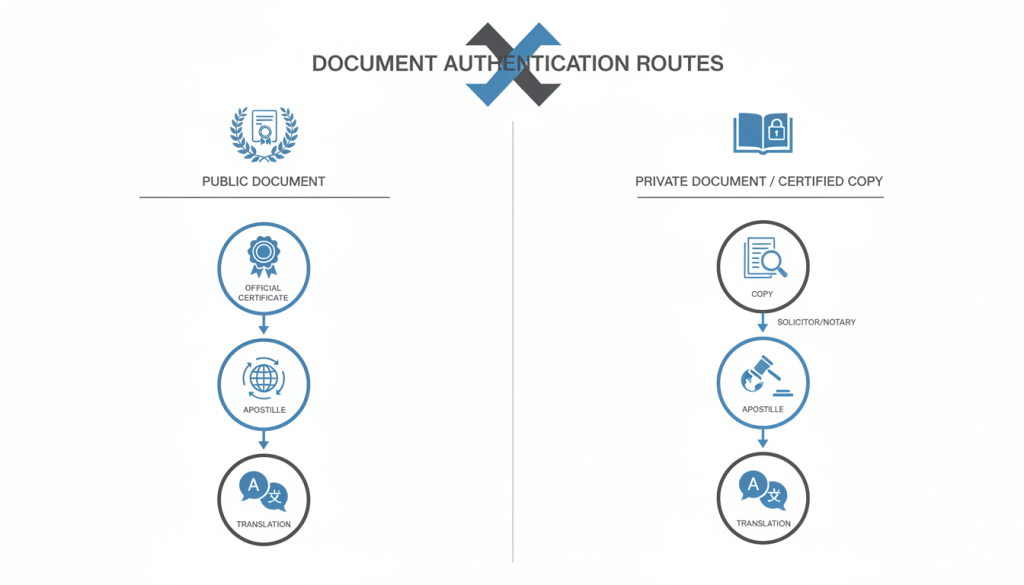 Comparison of apostille first and certification first routes for different document types