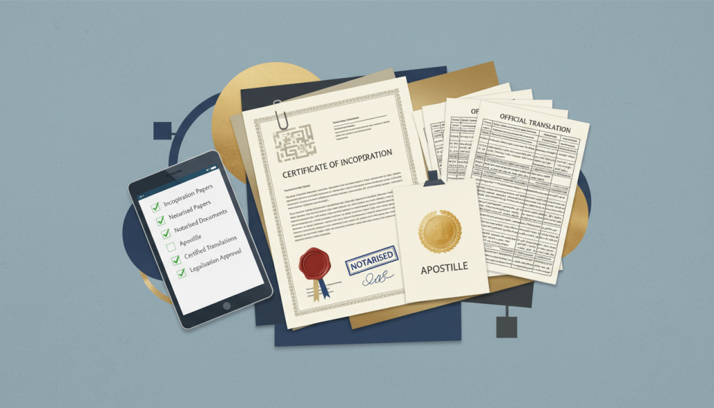 Corporate document pack with apostille and translation prepared for international filing