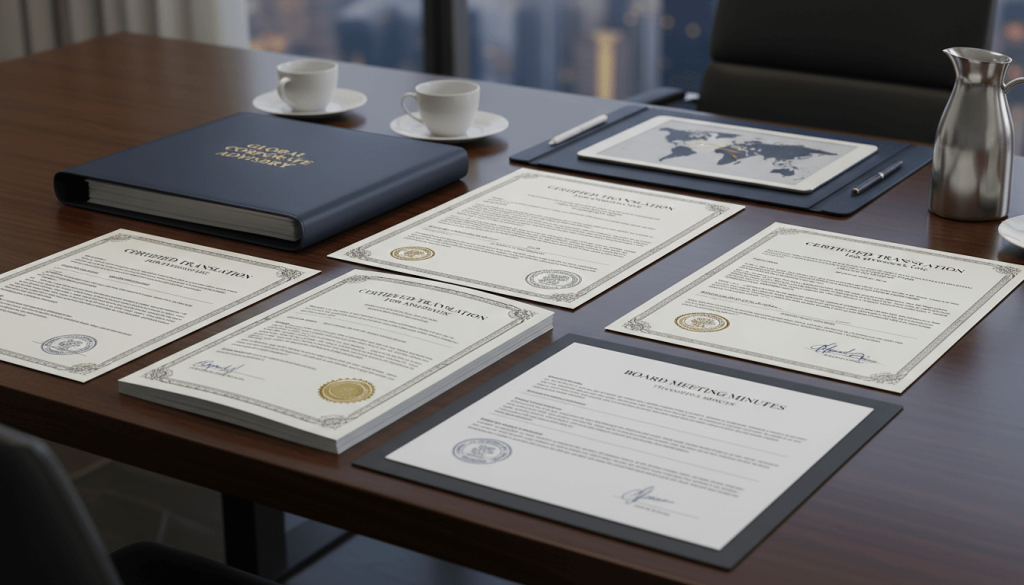 Corporate translation pack with company documents prepared for notarisation and overseas use