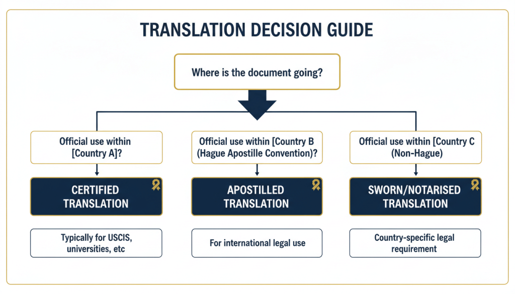Decision flowchart for choosing certified, sworn, notarised, or apostilled translation