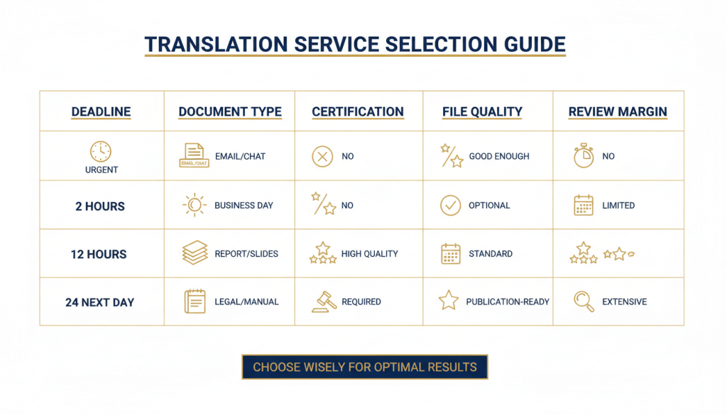 Decision matrix for choosing between 2 hour, 12 hour, and 24 hour translation