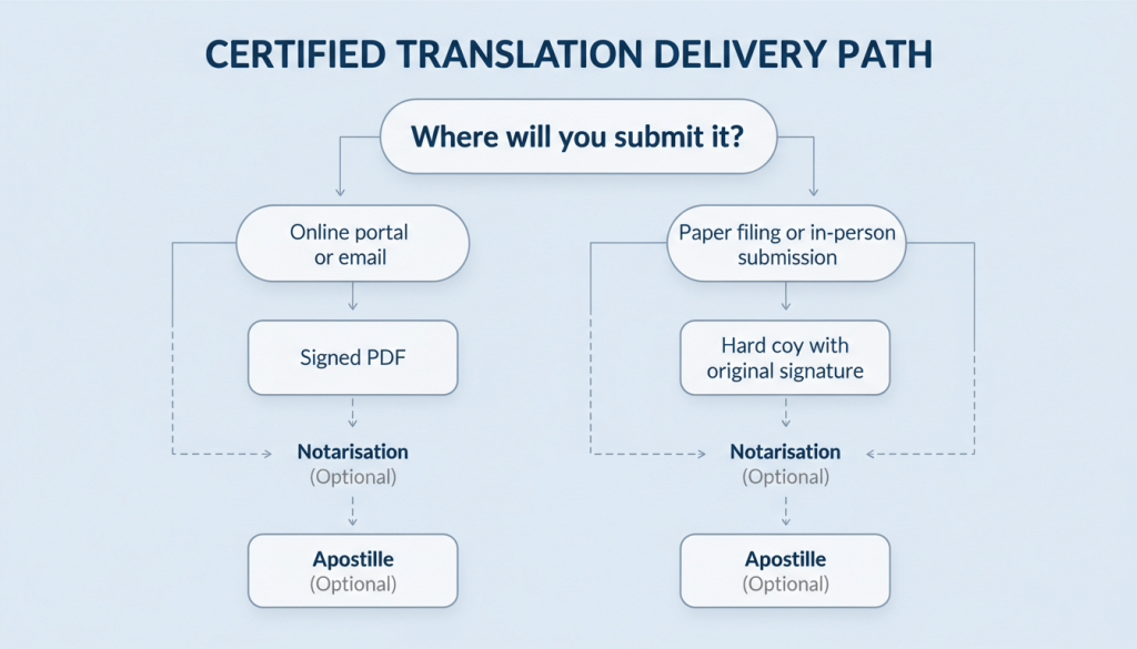 Decision tree showing when to choose a digital certified translation and when to order a wet signed hard copy