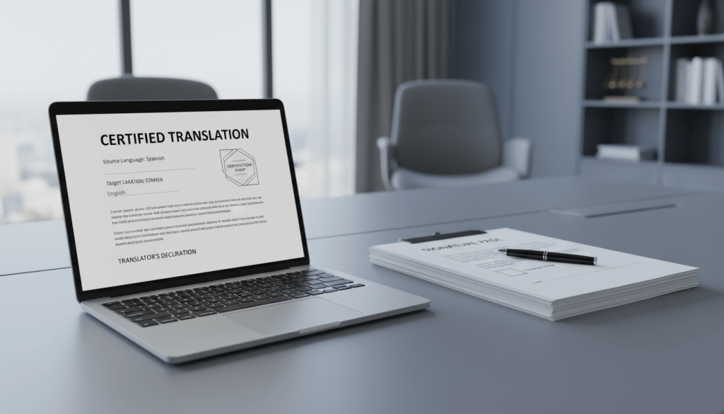 Digital certified translation PDF on laptop beside printed certified translation pack in a professional UK office setting