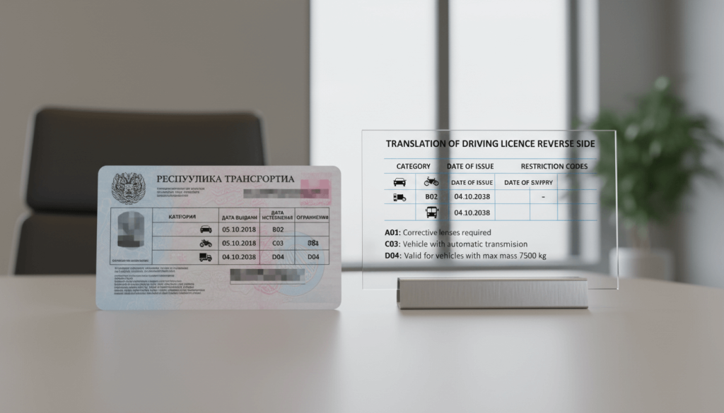 Driving licence reverse side with translated category codes and restrictions