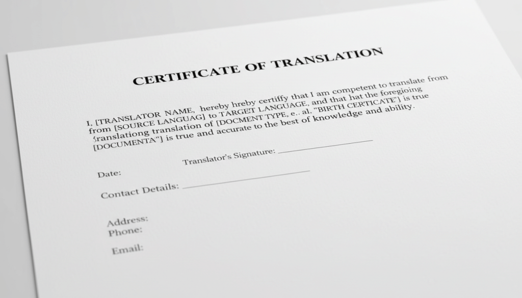 Example certified translation wording with signature, date, and translator contact details