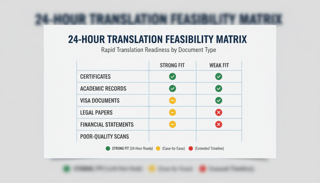 Feasibility matrix showing which document types are best suited to 24 hour translation