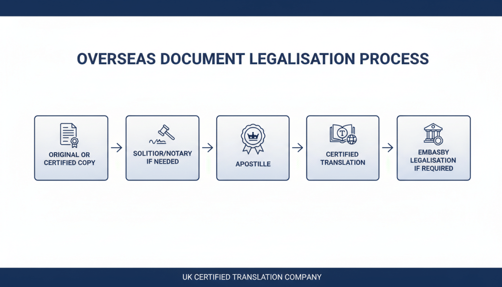Flowchart showing the correct apostille and translation order for overseas document use