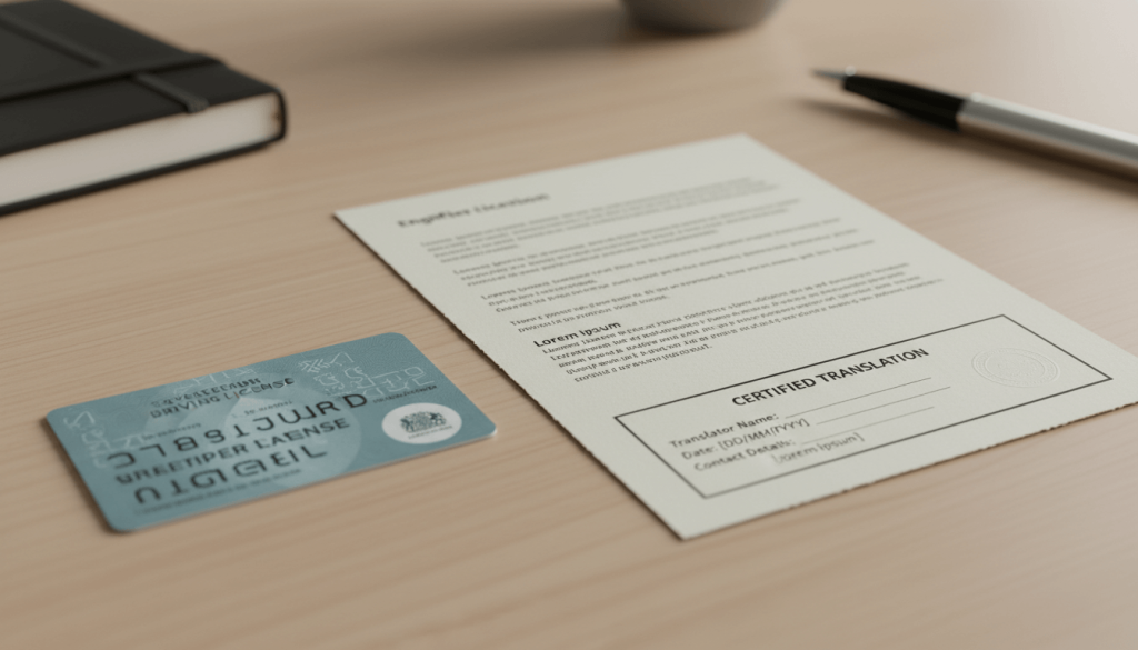 Foreign driving licence beside a certified English translation prepared for DVLA style submission
