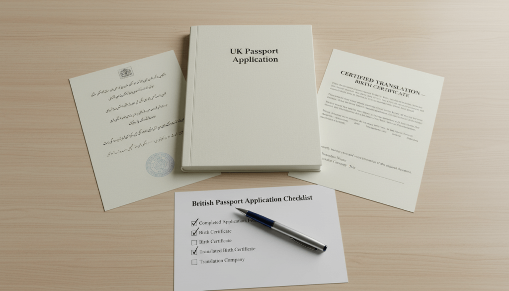 HM Passport Office supporting documents with a certified translation and checklist on a desk