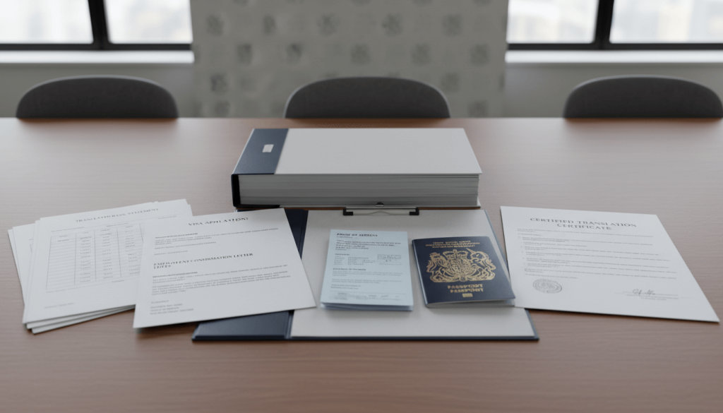 Home Office supporting documents with certified translations including bank statements, employment letter and proof of address