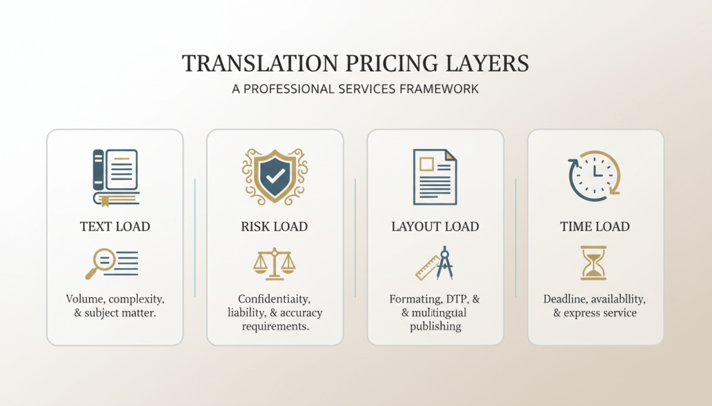 Infographic showing the four main factors behind translation pricing in the UK