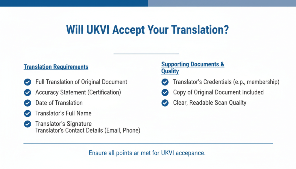Infographic showing the practical UKVI checklist for certified translation submissions