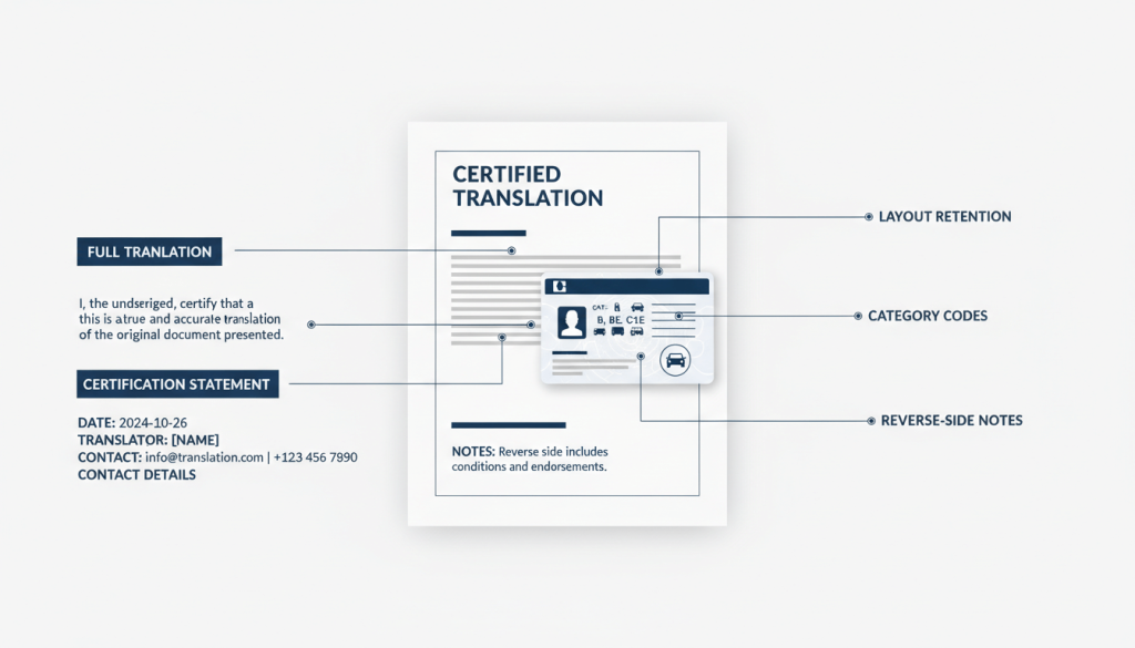 Key elements included in a certified driving licence translation for official use