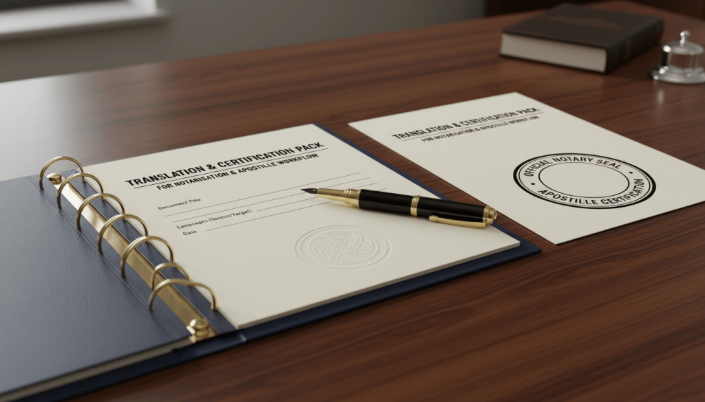 Notarised translation and apostille ready document pack prepared for overseas use