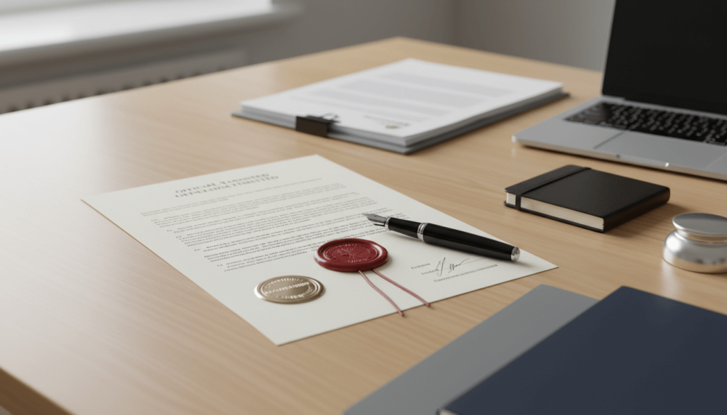 Notarised translation pack on a desk with official documents and notarial seal elements
