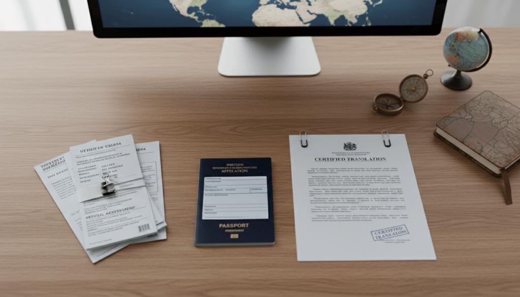 Overseas passport application documents including proof of address and certified translations