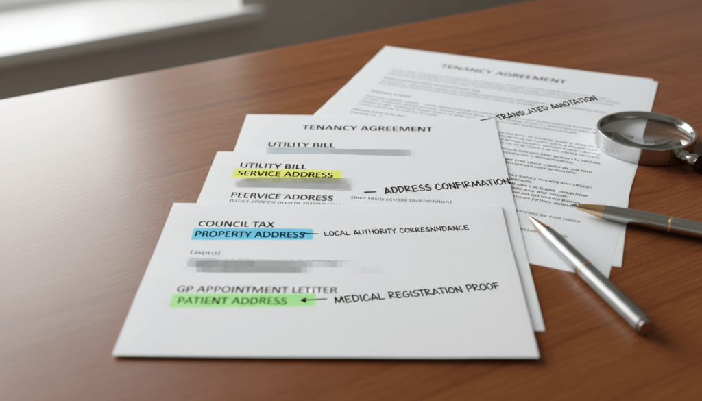 Proof of address documents prepared for certified translation and immigration evidence