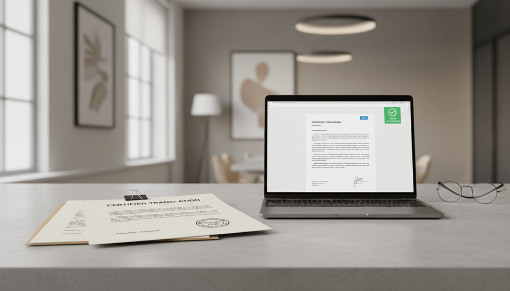 Side by side comparison of a wet signed certified translation and a digitally signed PDF translation