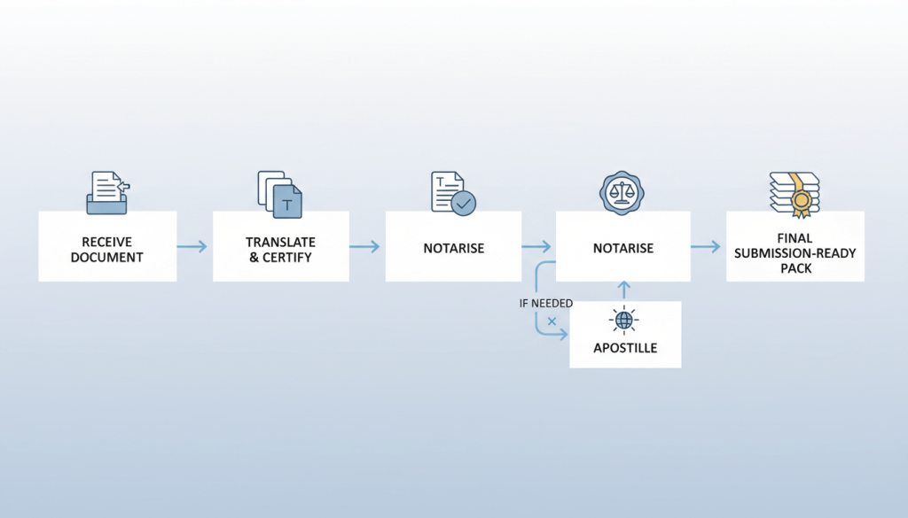 Step by step process for certified translation, notarisation, and apostille