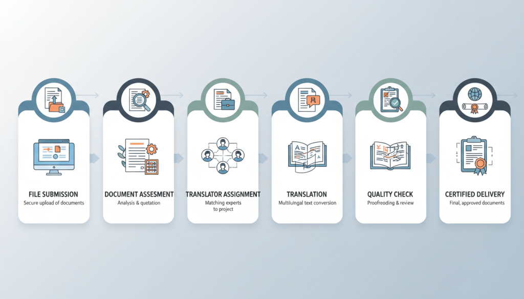 Step by step workflow for urgent translation from file submission to certified delivery