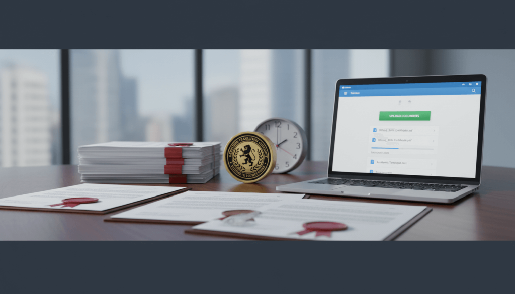 Urgent certified translation concept with official documents, certification seal, and upload screen