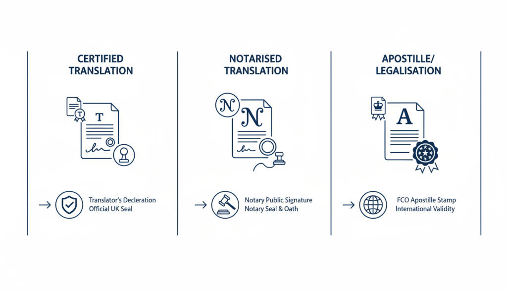 Visual comparison of certified translation, notarised translation, and apostille routes