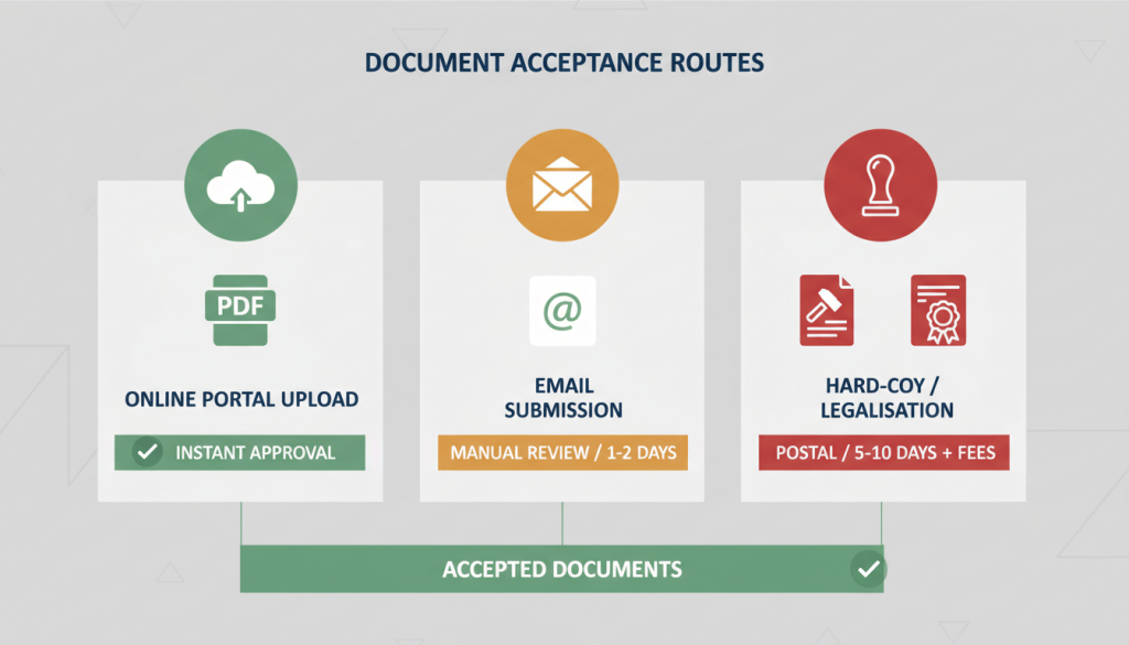 Visual guide showing when a digital certified translation PDF is suitable and when hard copy or legalisation is needed