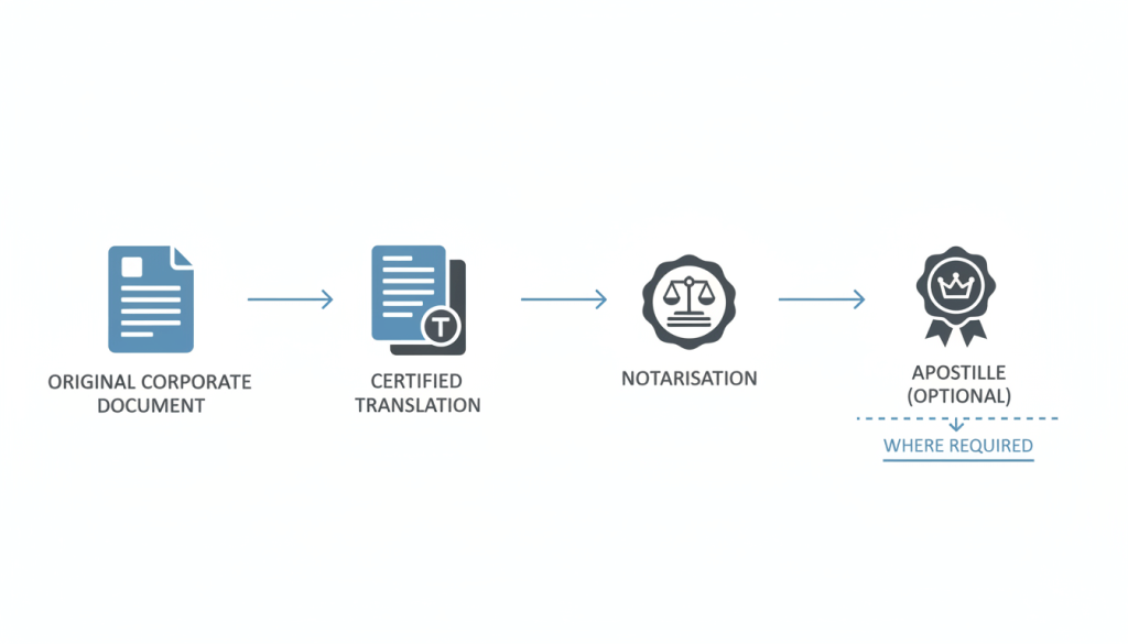 Workflow showing corporate document translation, certification, notarisation, and apostille steps